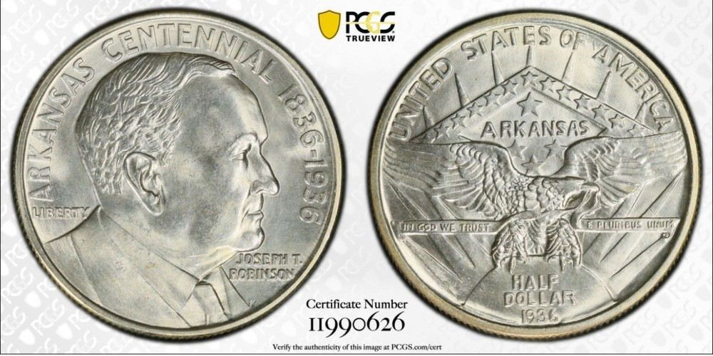 1936-ROBINSON Commemorative Silver Half Dollar-PCGS MS 65 Blast White Gem-Nice!