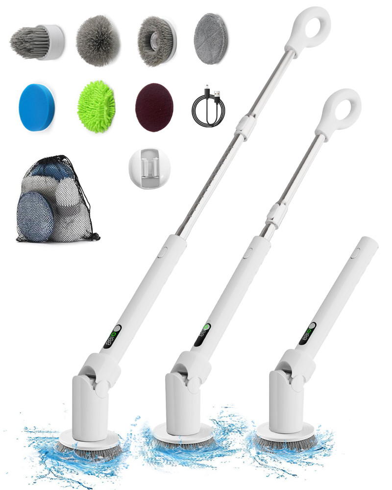 Electric Spin Brush with Long Handle 7 Replaceable Brush Heads Battery Operated