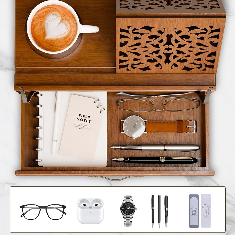 Adjustable Wooden Book Stand with Storage - Multi-Function Hands Free Book Holde