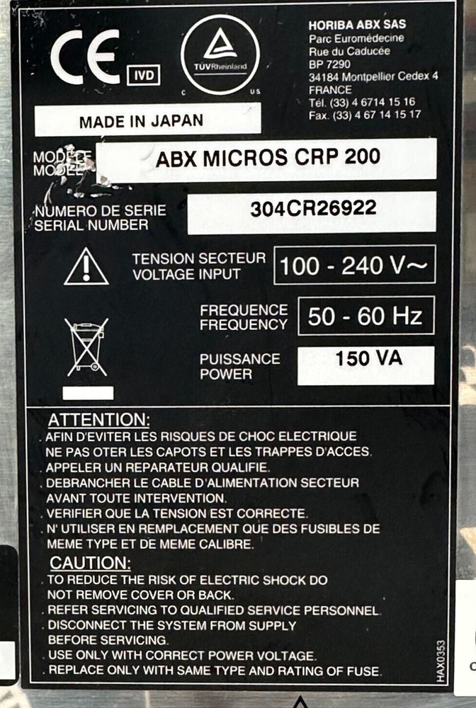 ABX Micros CRP 200 Hematology Analyzer