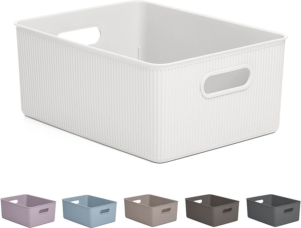 Superio Medium White Ribbed Storage Bin, Plastic Storage Basket (15 Liter)