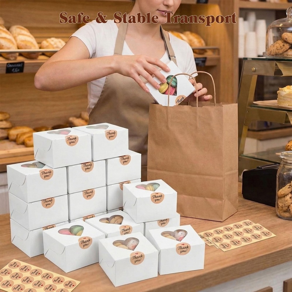 50 Mini Bakery Boxes, 4x4x2.5 Inches with Window, Pie & Pastry Boxes for Cupc...