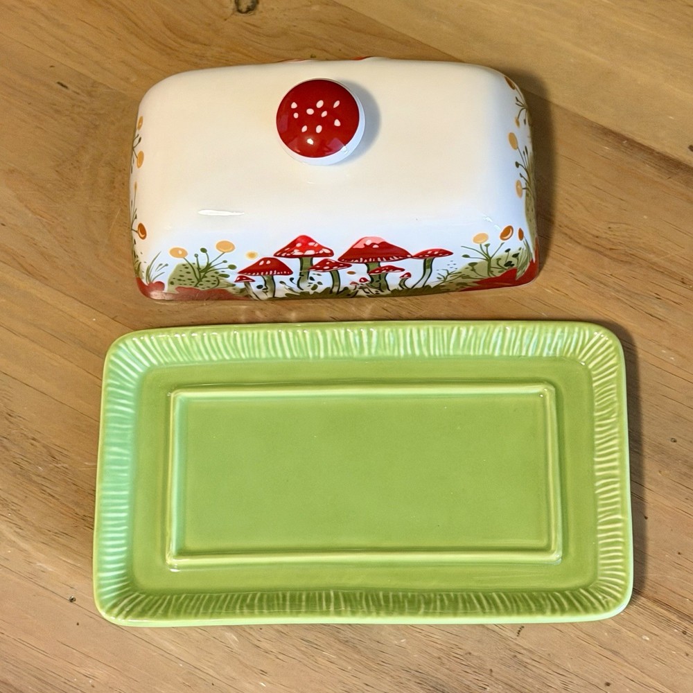 Mushroom Butter Dish Covered Ceramic Toadstool Cottagecore Kitchen Decor