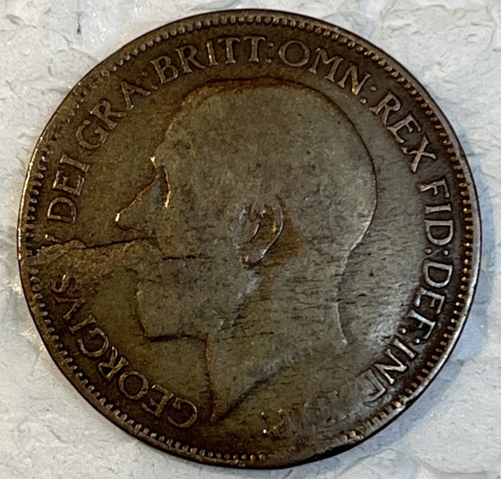 1914 Mint Error Great Britain Half 1/2 Penny Coin Die Break & Lamination