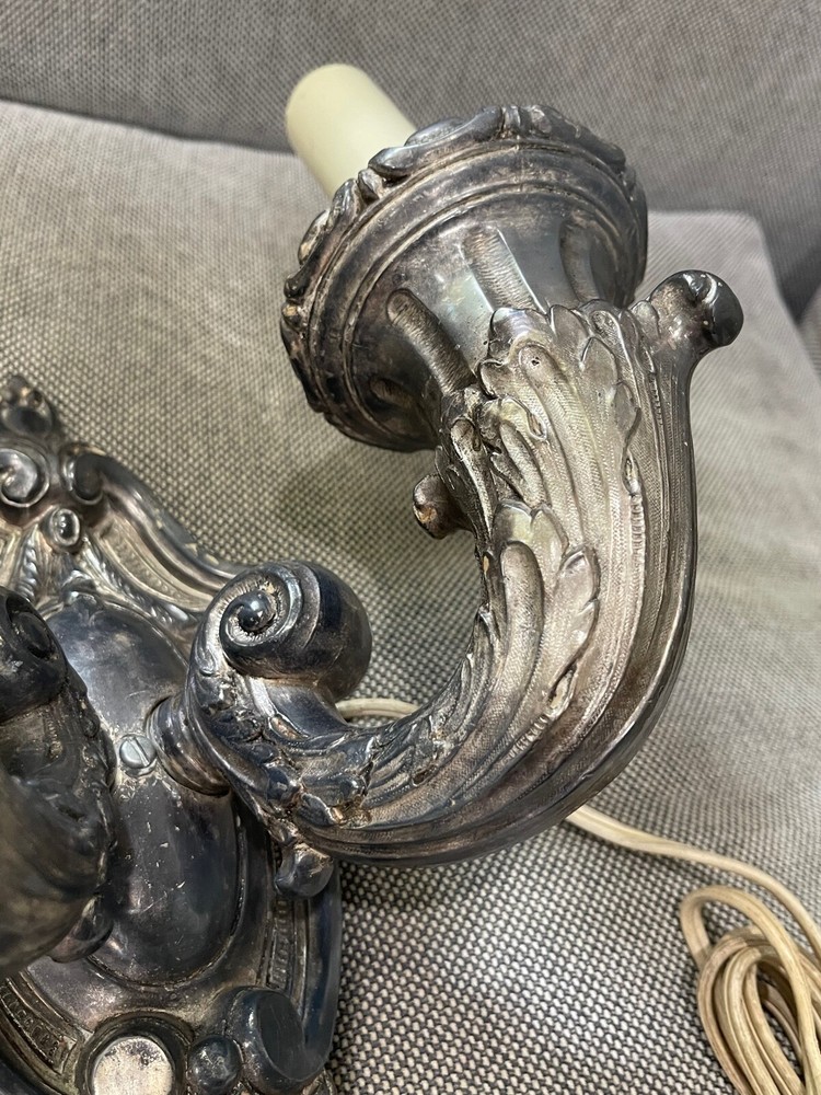 Antique Silver Plated 2 Light Wall Sconce w/ Acanthus Leaf Decoration