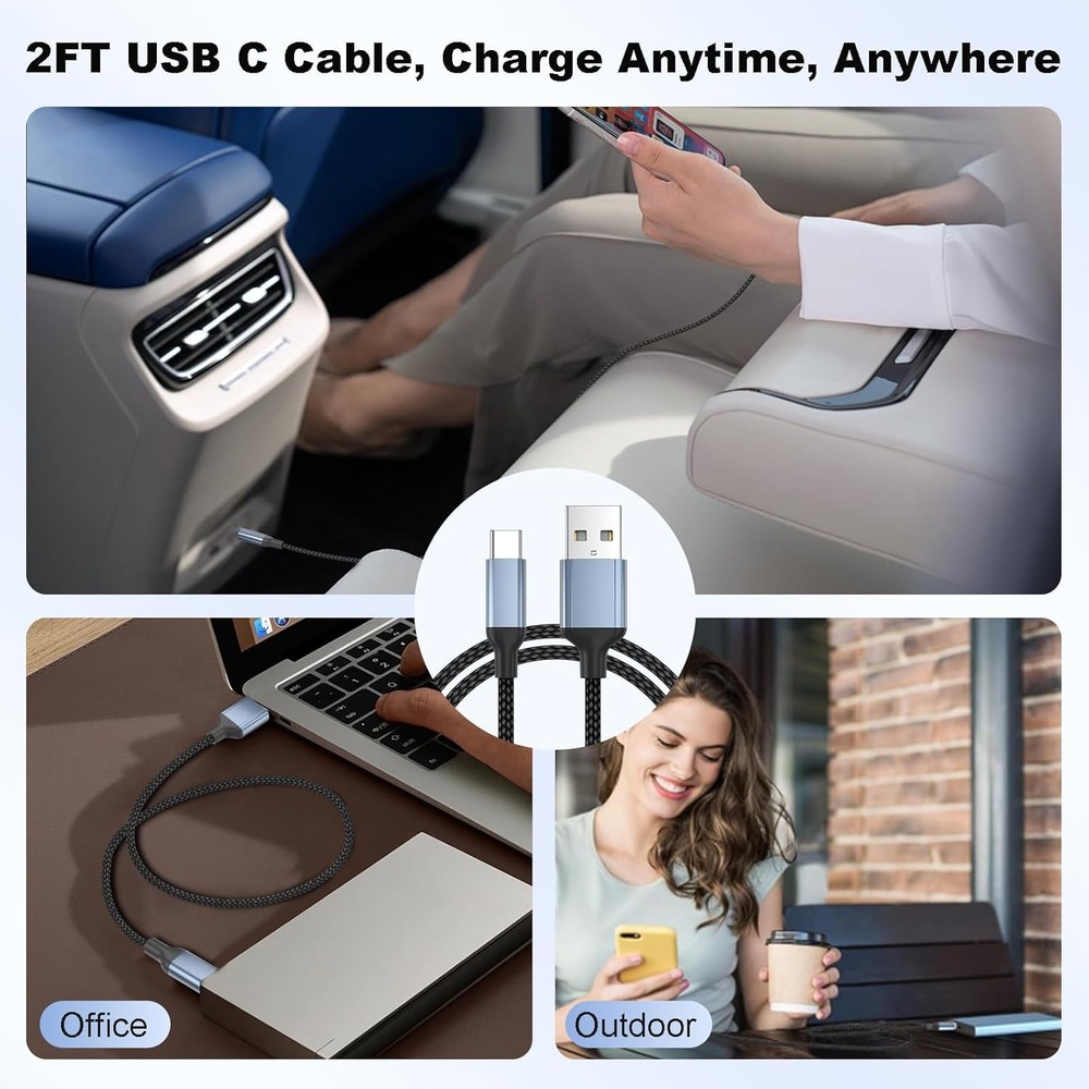 2 ft USB C Cable, 2 Pack Short to C Cable 2ft for Car Fast 2 FT