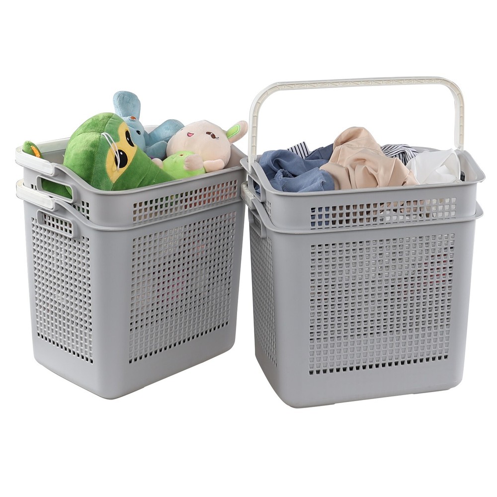 4-Packs 35 L Plastic Clothes Baskets with Handle, Flexible Laundry Hamper, Grey