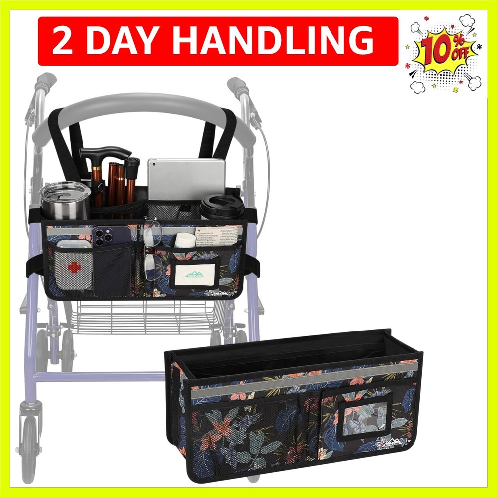 Rollator Basket, Rollator Walker Bag w/Cup Holder, Foldable Rolling Walker Wa...