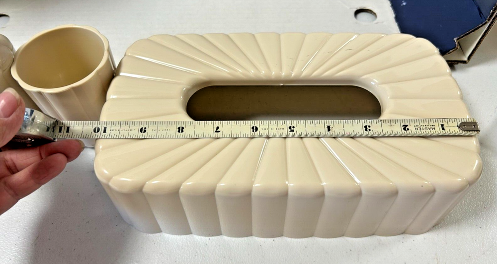 Vintage Tan Plastic Tissue Box Cover, Cup and Soap Dispenser