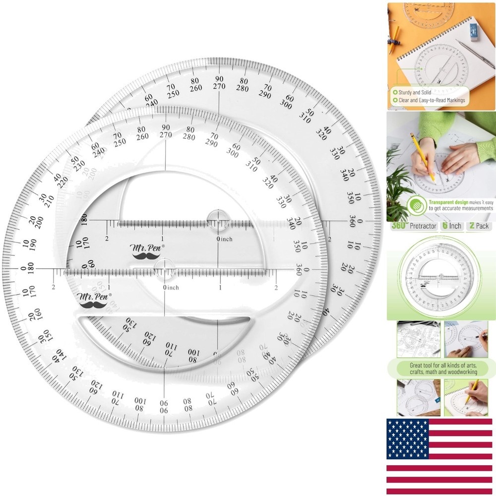 Math Geometry Protractor Set - 2  360-Degree Protractors in Clear Plastic