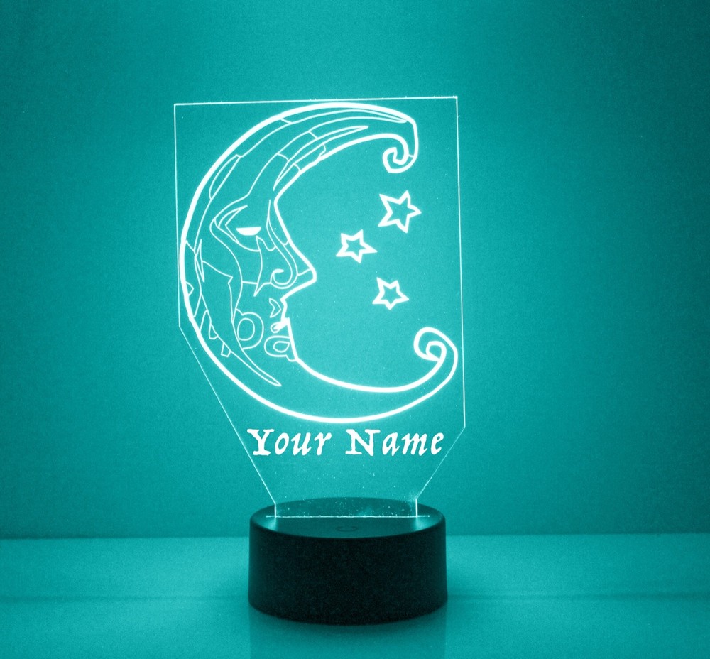 Crescent Moon & Stars Personalized Night Lamp FREE Engraved Name LED Light
