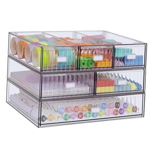 3 Tier Stackable Desk Organizer with 6 Drawers,  Plastic Desktop Storage Clear