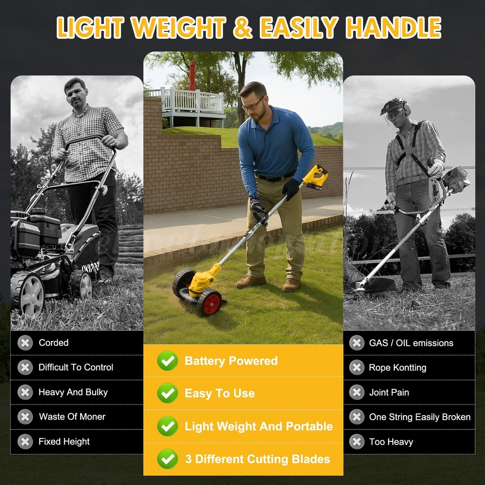 Electric Weed Wacker Cordless String Trimmer 3 Types Blades Lightweight 2Battery