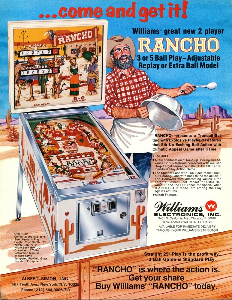 Rancho Williams Pinball Flyer / Brochure/ Ad Mint