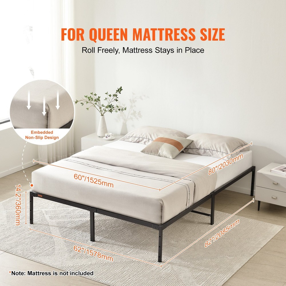 14 Inch Queen Metal Bed Frame Platform, No Box Spring Needed, 1500 lbs Loading C