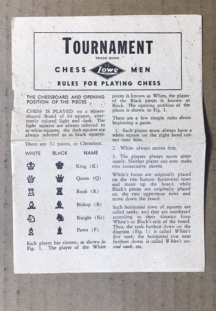 Vintage 1945 E. S, Lowe Co. Tournament Chessmen Staunton Pattern Set & Rules