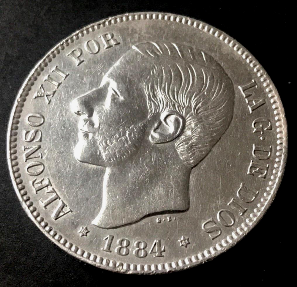 🇪🇸🇪🇸🇪🇸 1884 SPAIN 5 PESETAS Alfonso XII 🇪🇸🇪🇸🇪🇸 3rd portrait