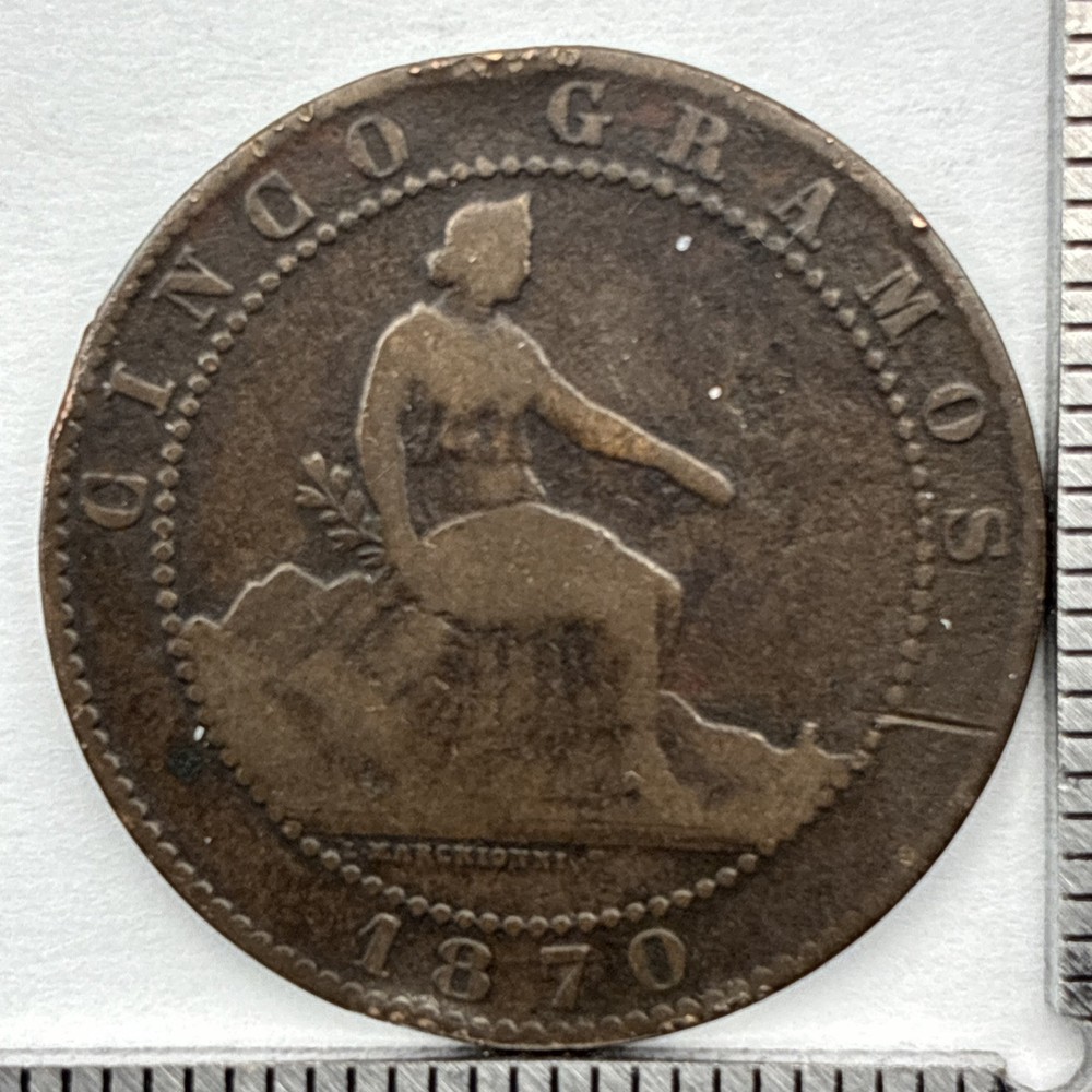 1870 Spain 5 Centimos - Fine Details Free Shipping