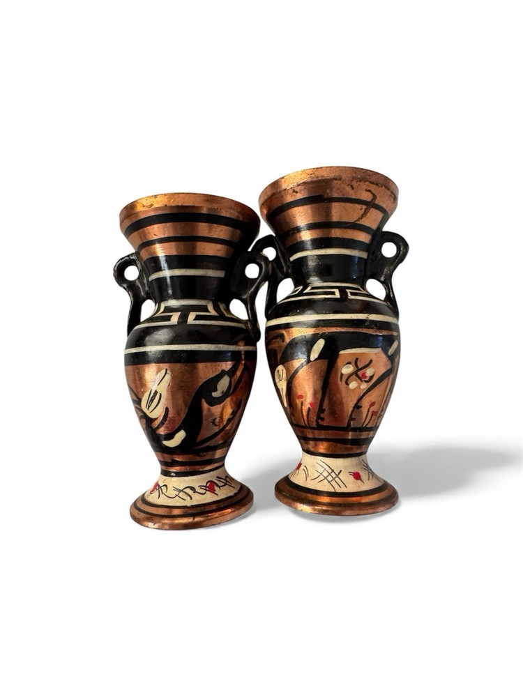 2 Copper Vases Hand -Painted Made In Greece Made.