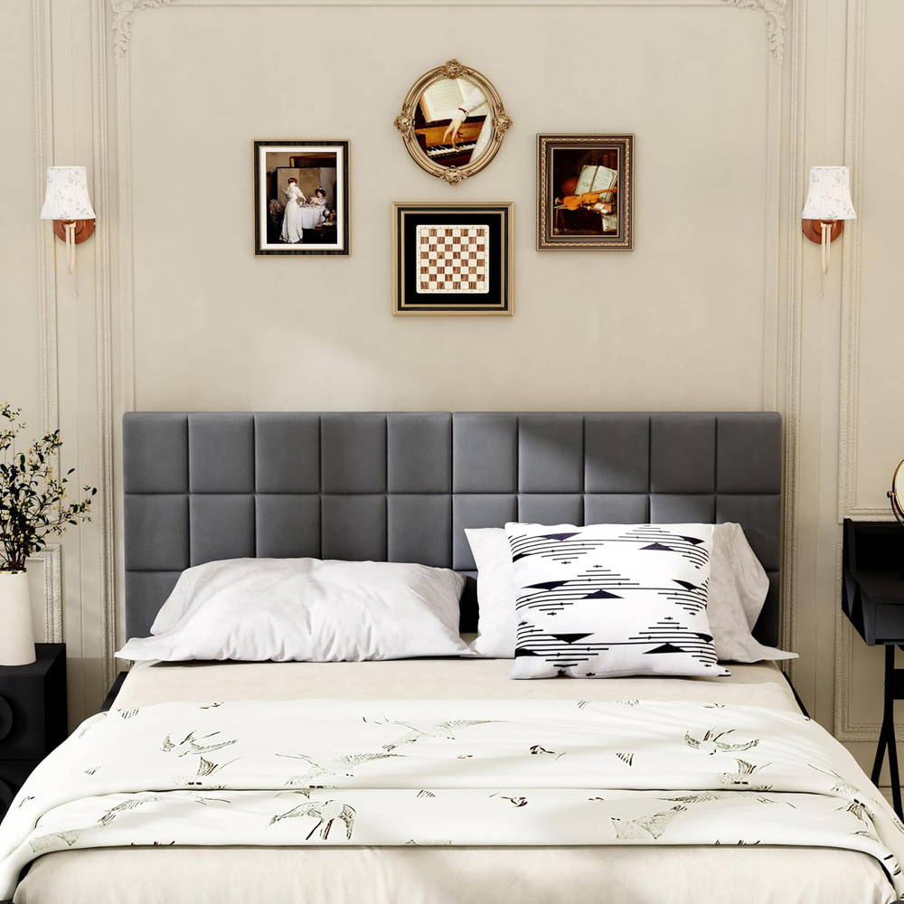 Modern Velvet Tufted King Size Headboard with Adjustable Height - Dark Gray