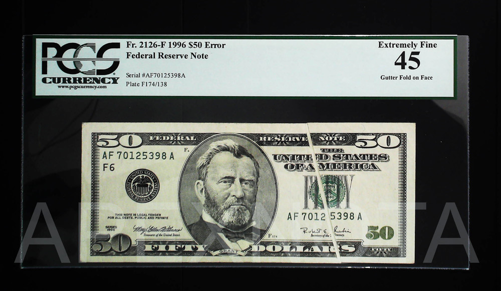 [GUTTER FOLD] FRN $50 1996 XF+ 45 ERROR FRONT GUTTER FOLD ON FACE SEAL SPLIT