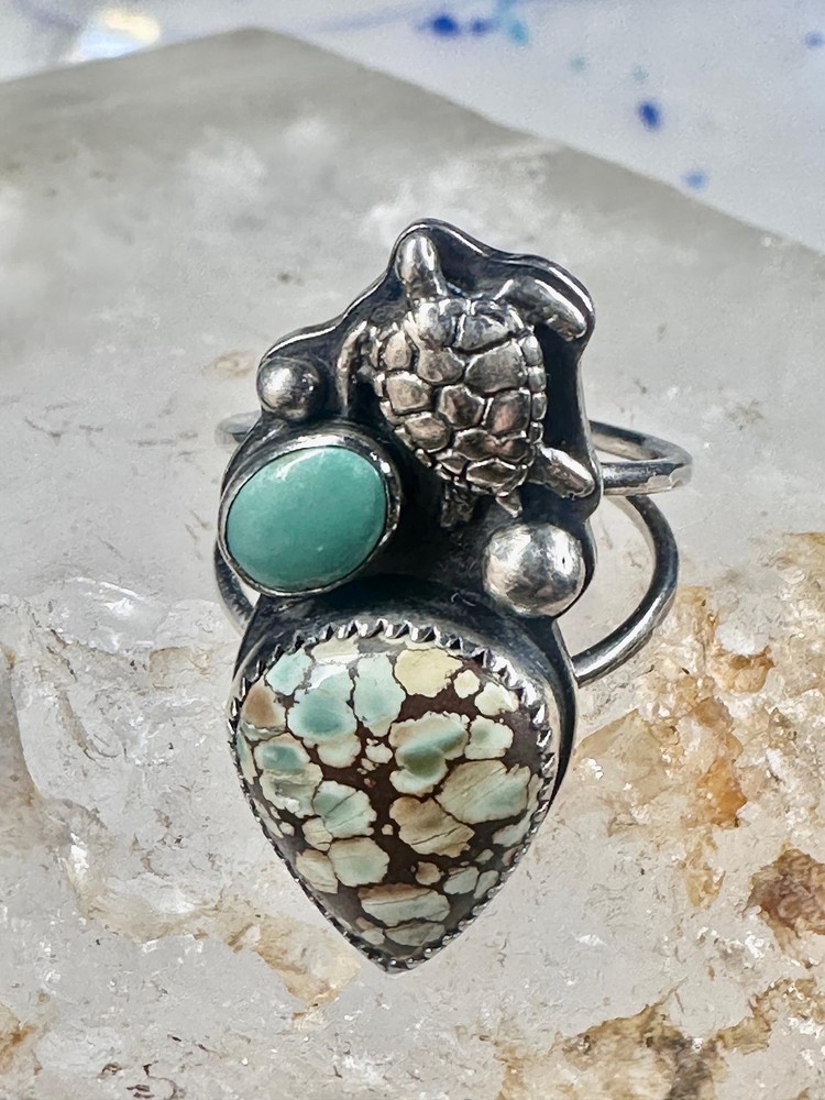 Honu Turtle ring spiderweb turquoise size 7 sterling silver women