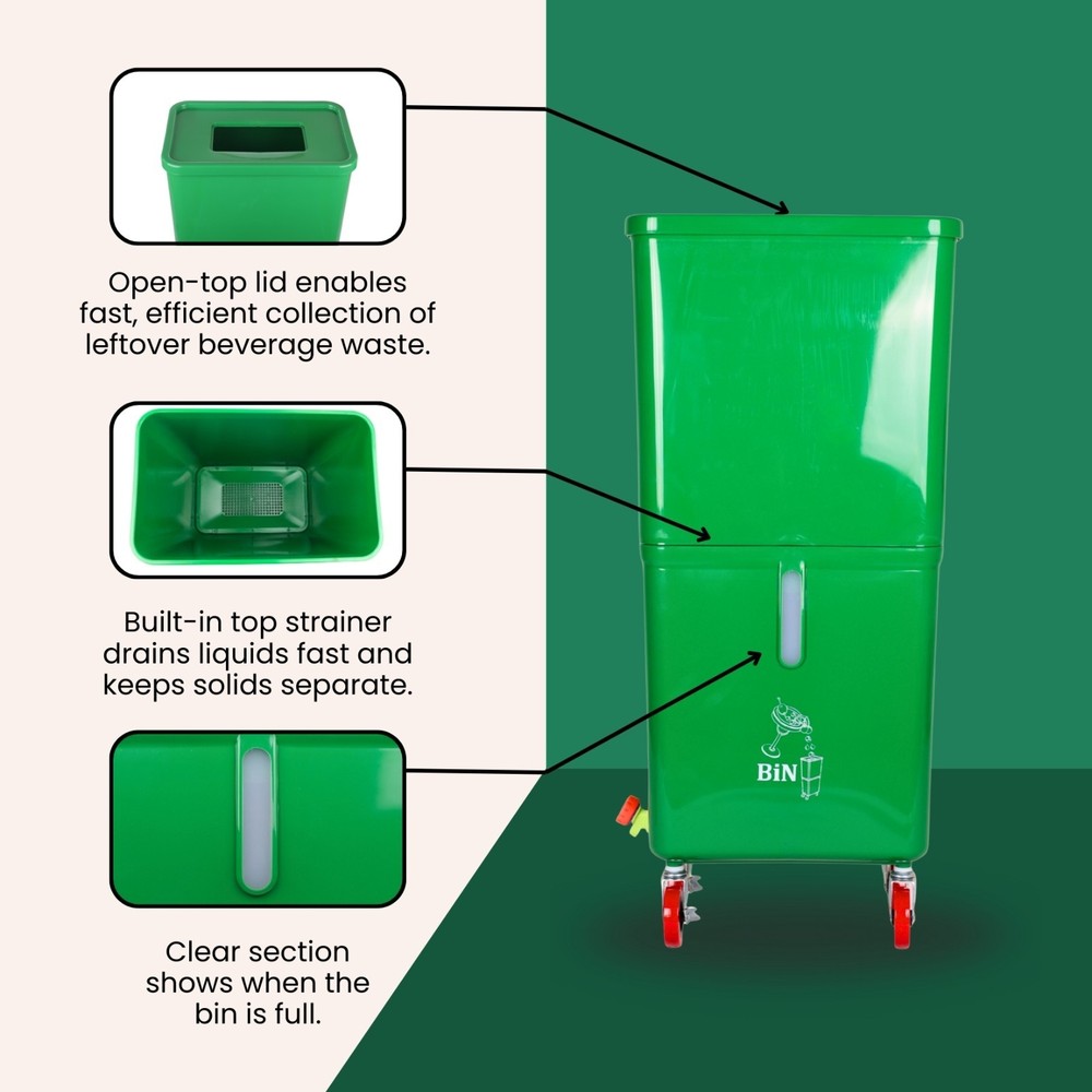 Green Drink Dump Bin w/ Wheels – Dual Compartment Liquid & Trash Disposal