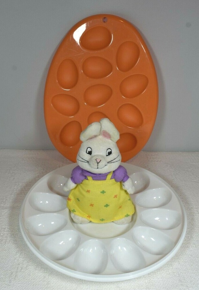 Easter 2 Plastic Deviled Eggs Trays - 1 Orange Oval, 1 Round Shaped + FREE Bunny