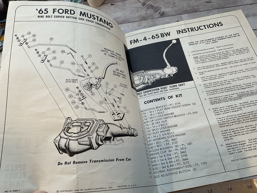 ORIGINAL 1965 HURST COMPETITION PLUS 4 SHIFT FM-4-65BW FORD MUSTANG INSTRUCTIONS