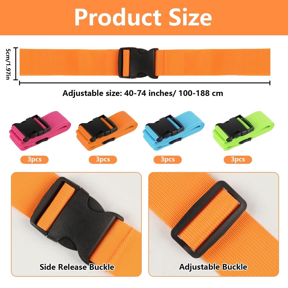 12 Pcs Luggage Straps for Suitcases TSA Approved, Suitcase Belts, Adjustable ...