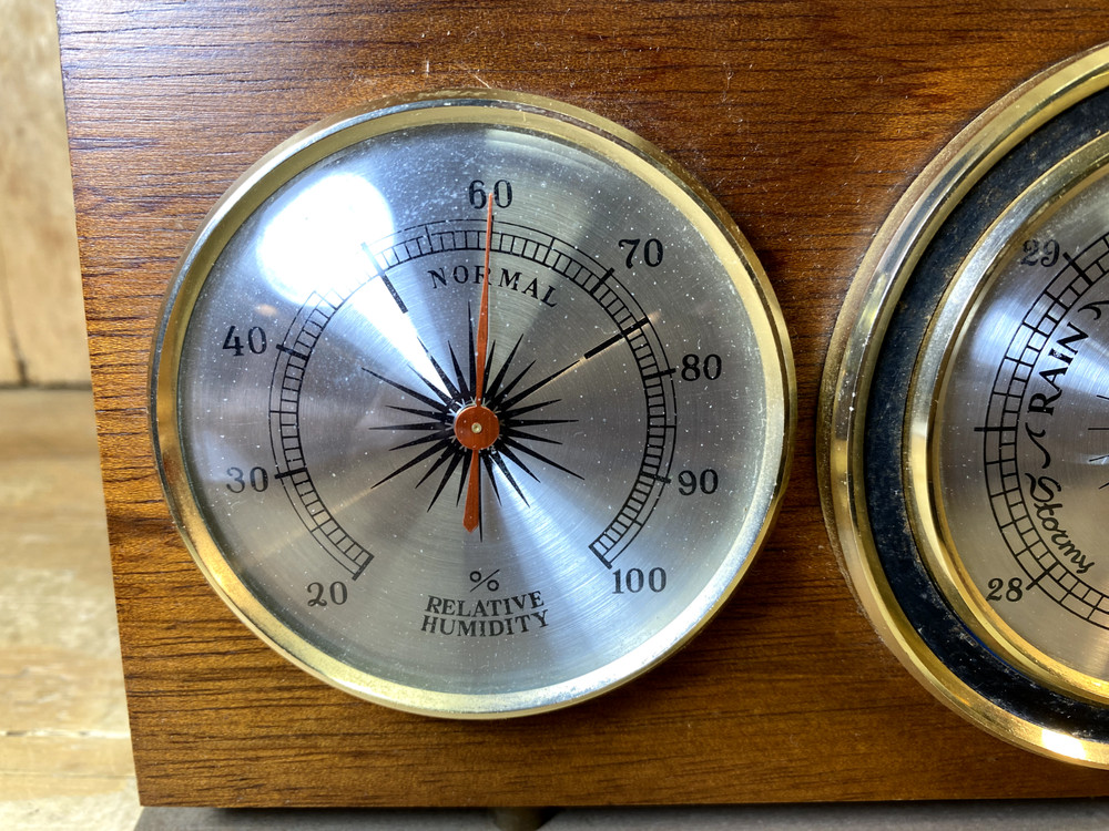 Tabletop Weather Station featuring three analog gauges in a solid wood case