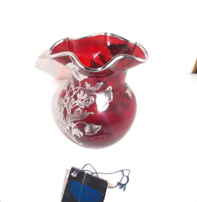 Sterling silver embossed red glass vase