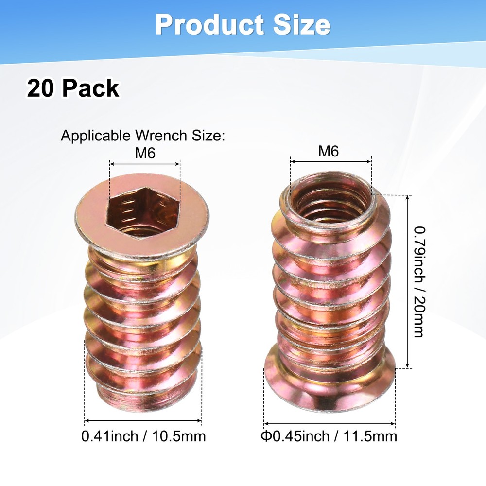 20-Pack Threaded Inserts for Wood, M6x20mm Threaded Insert Nuts [Gold Tone]