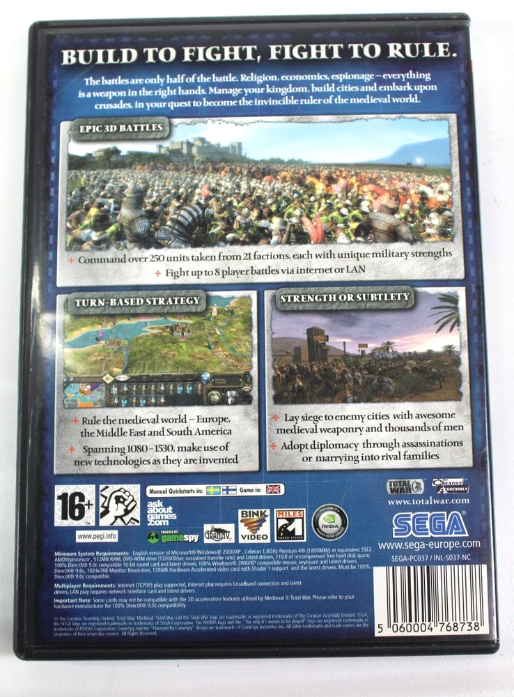 PC DVD-Rom Game Medieval II Total War Sega 2 Discs, Instructions, Case VG Cond.