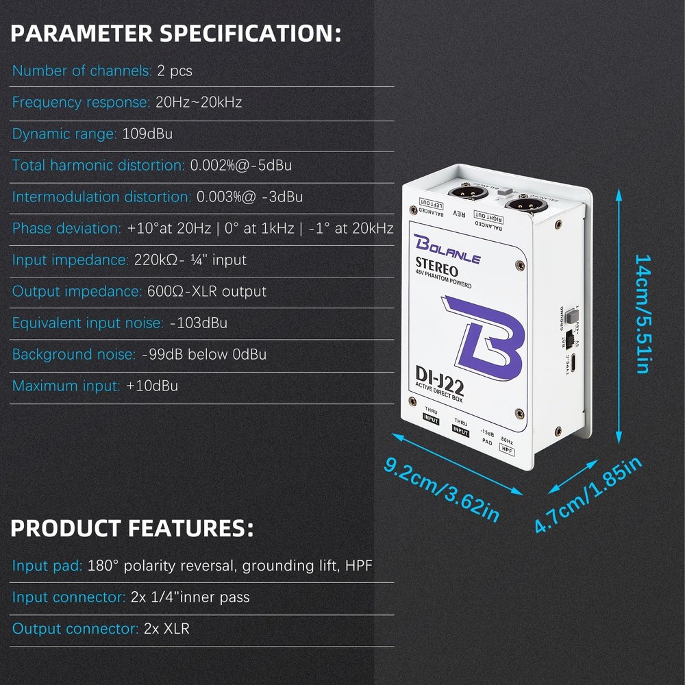 Bolanle J22 Active Stereo DI Box, Dual Channel Direct Box with 48V...