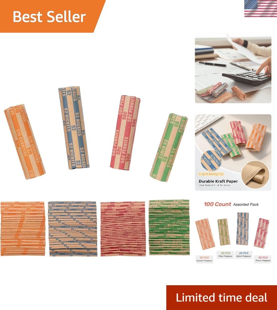 Organize Your Coins with 100 Assorted Flat Coin Roll Wrappers - Easy to Use