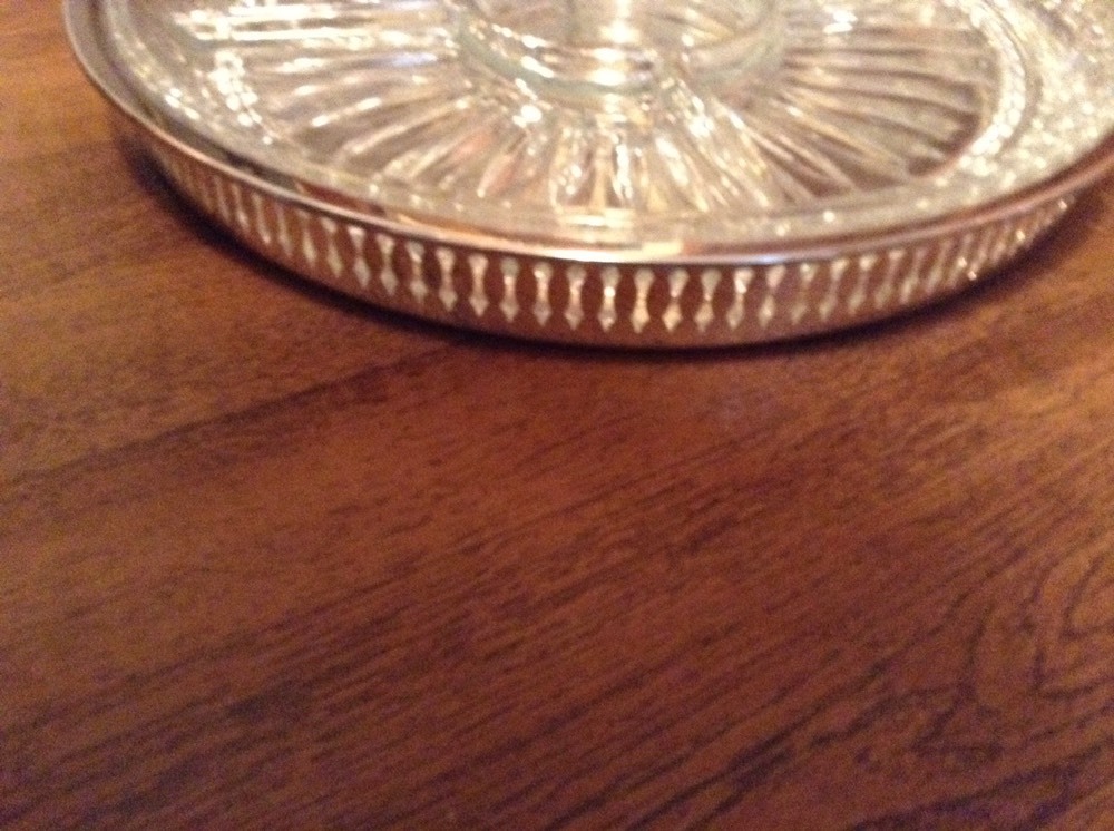 12" Round 4 section glass insert raised edge silverplate serving tray
