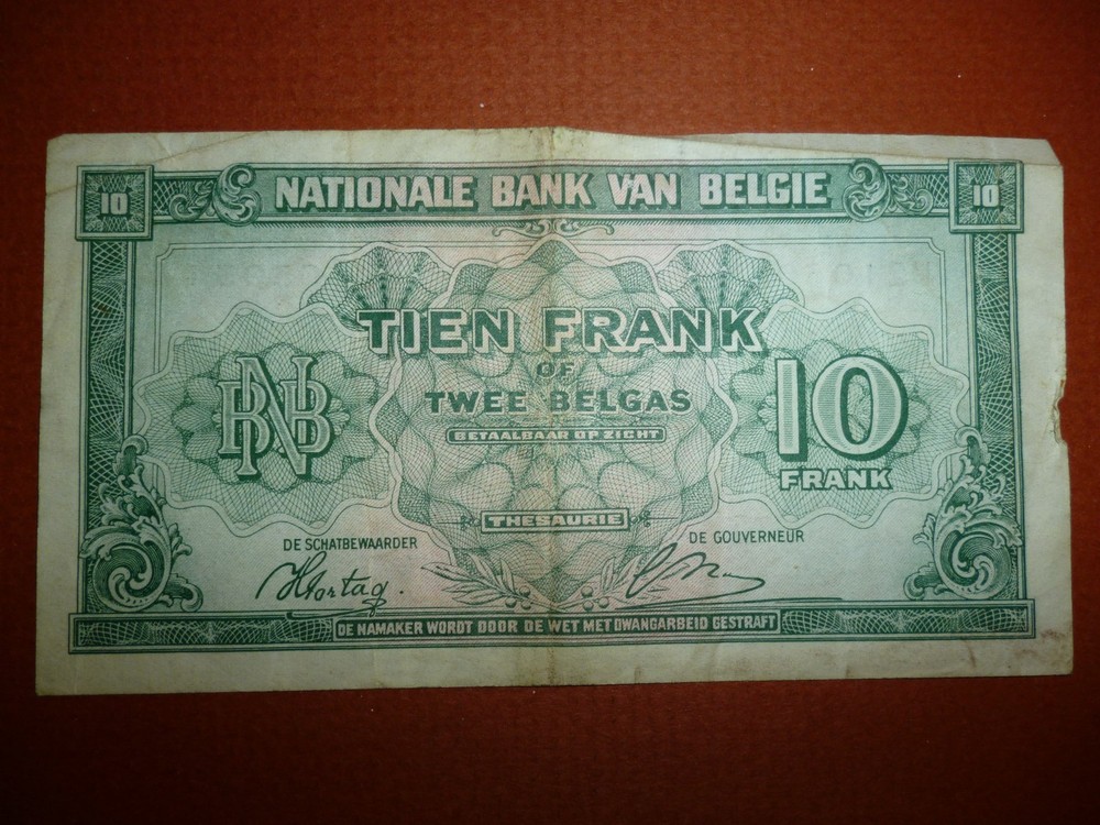1943 Belgium 10 Francs WW II Note  #1