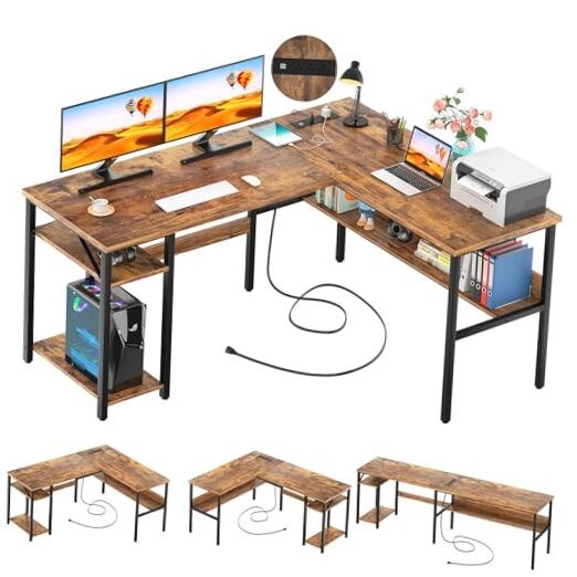 L Shaped Computer with Magic Power Outlets and USB Charging Desk Rustic Brown