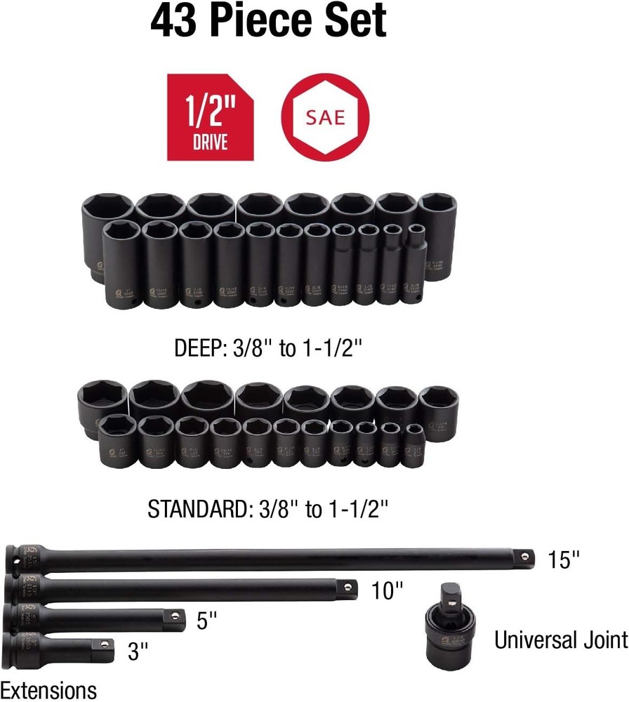 Sunex 43 Pc. Complete SAE 1/2" Impact Socket Set (2568)