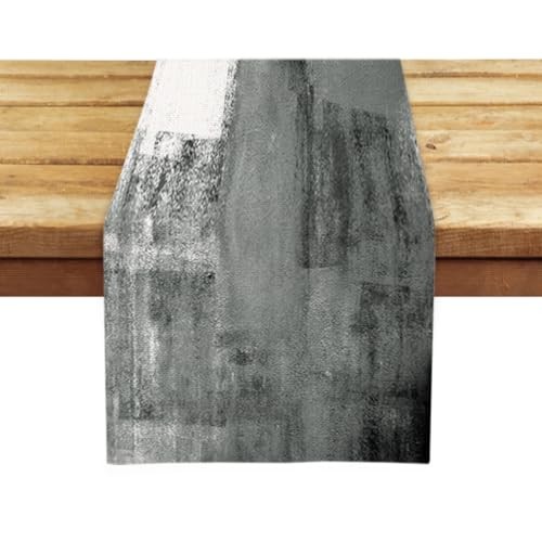 and White Abstract Modern Table Runner, Art 13" x 72", Table Runner Grey