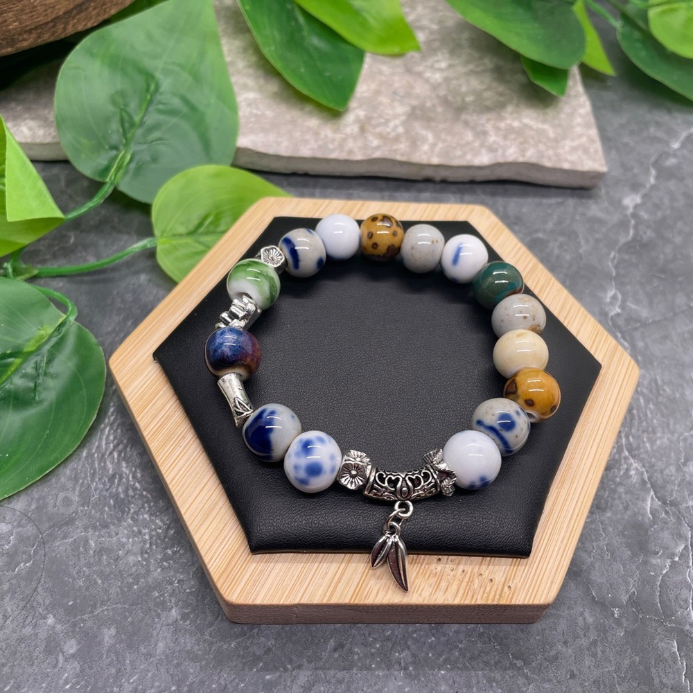 Handmade Ceramic Bead Beaded Stackable 6.5” Plus Stretch Bracelet New B618