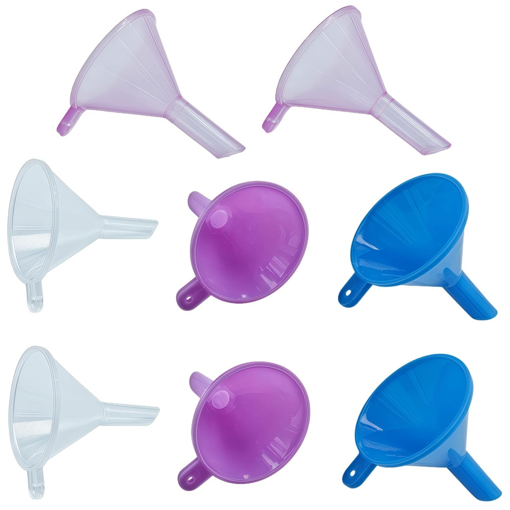 Mini Funnels 8-Pack with Spoon | Small Funnel Set for Filling Tiny Bottles, Esse