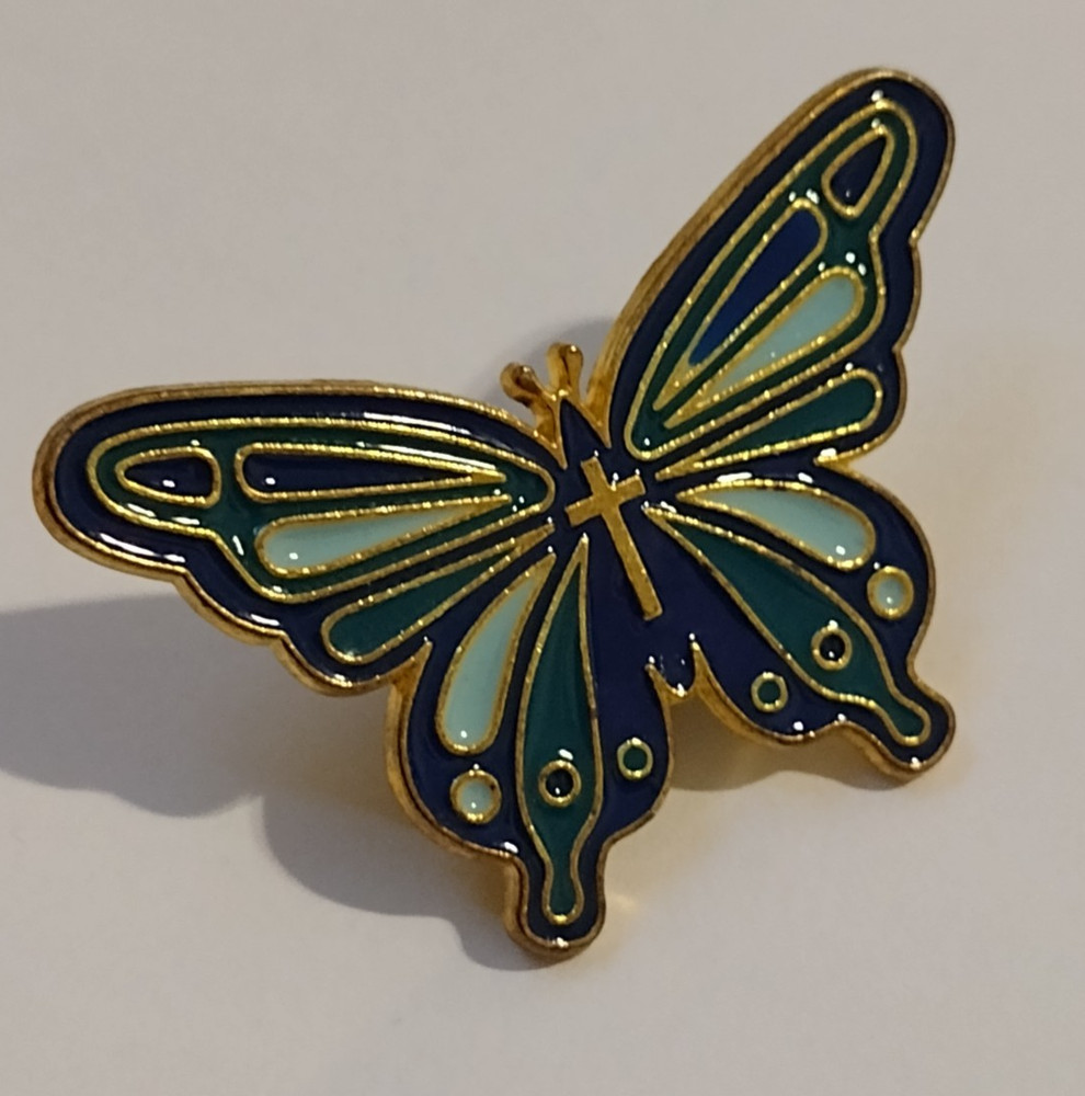 Multicolor Butterfly Religious Cross Lapel Pin
