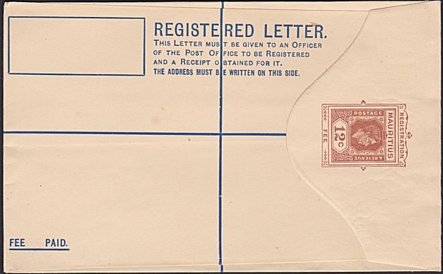 MAURITIUS GVI 12c registered envelope unused...............................54076