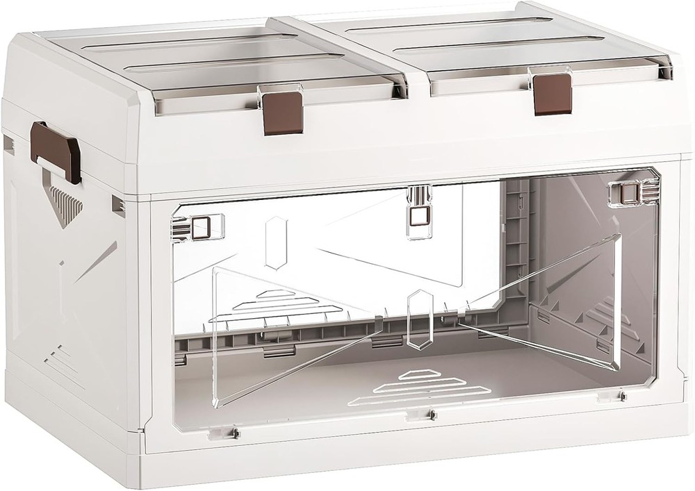 3-Pack Clear Stackable Storage Bins W/ Lids Magnetic Doors Open Front Foldable