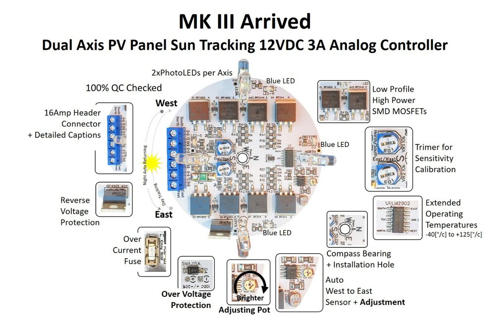 MK III 12VDC 3Amp Dual Axis Solar Panel Sun Tracking Analog Controller Board DIY