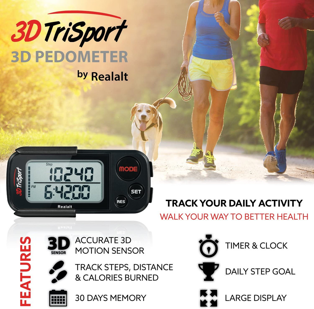 3Dtrisport 3D Walking Pedometer with Clip & Strap, Accurate Step Counter with 30