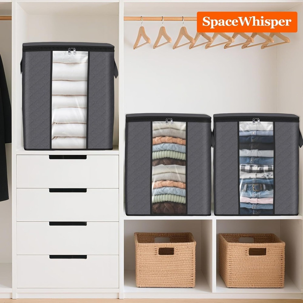 SpaceWhisper 3 Pack 100L Clothes Storage, Foldable Thick Fabric Blanket Storage