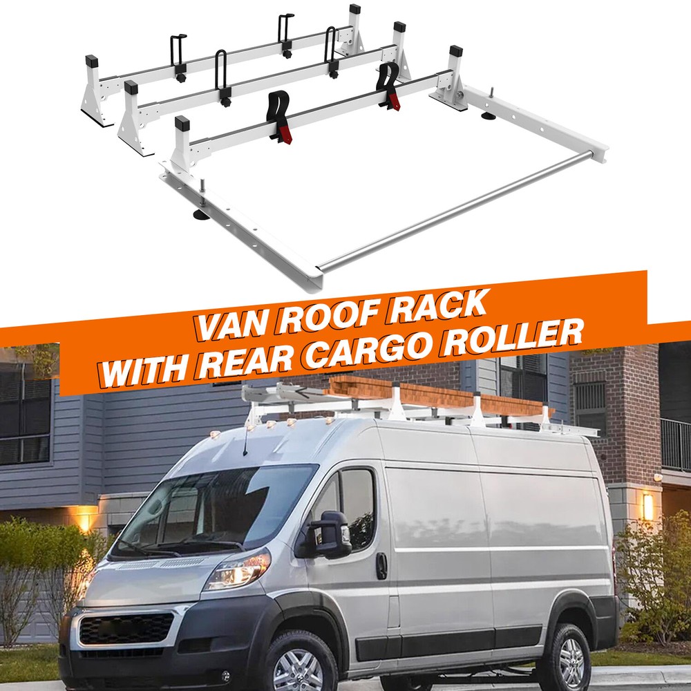 Cargo Van Roof Ladder Rack W/ Roller for RAM ProMaster 2013-ON White 3 Bar NEW